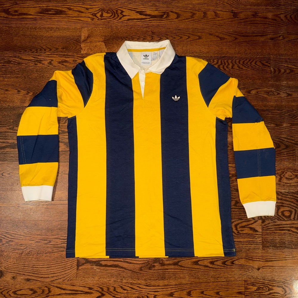 Like New Adidas Men's Yellow and Blue Striped Rugby Shirt